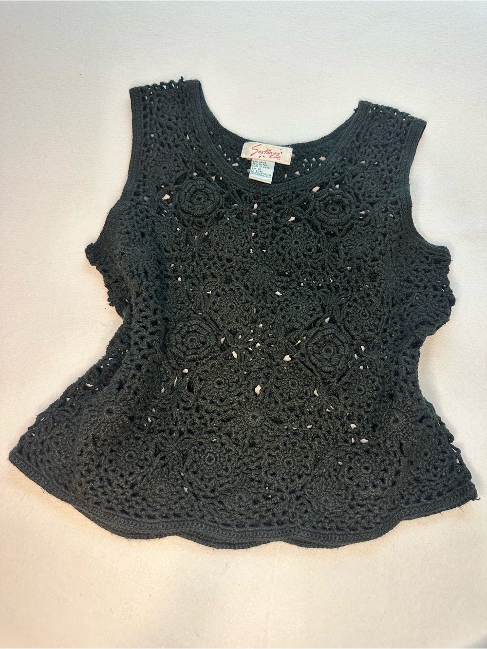 Vintage Sostanza Black Floral Crochet Tank Top Ramie Cotton Whimsigoth Y2K